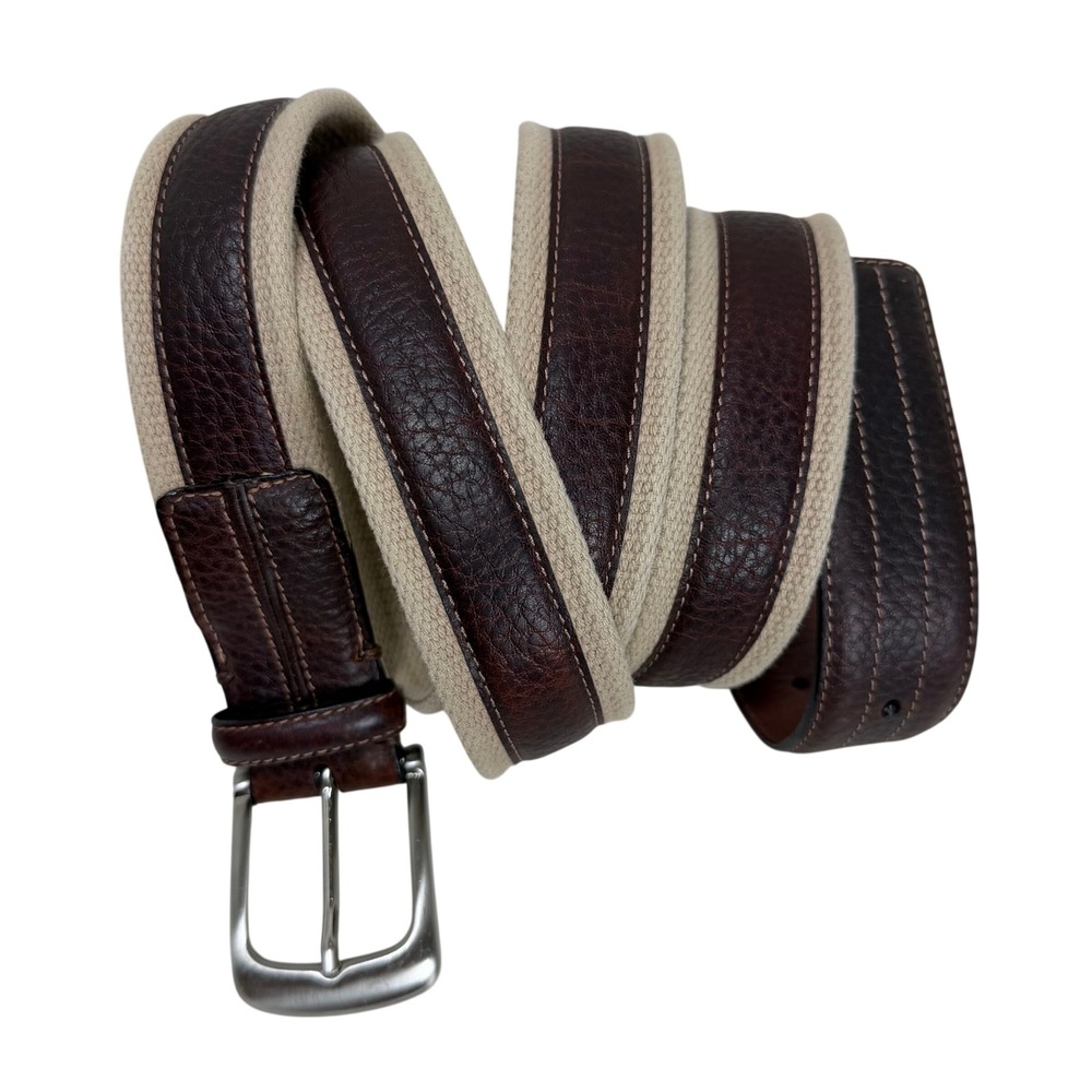 Roundtree & Yorke Belt Mens 54 Brown Tan Leather Canvas‎ Casual B85022B